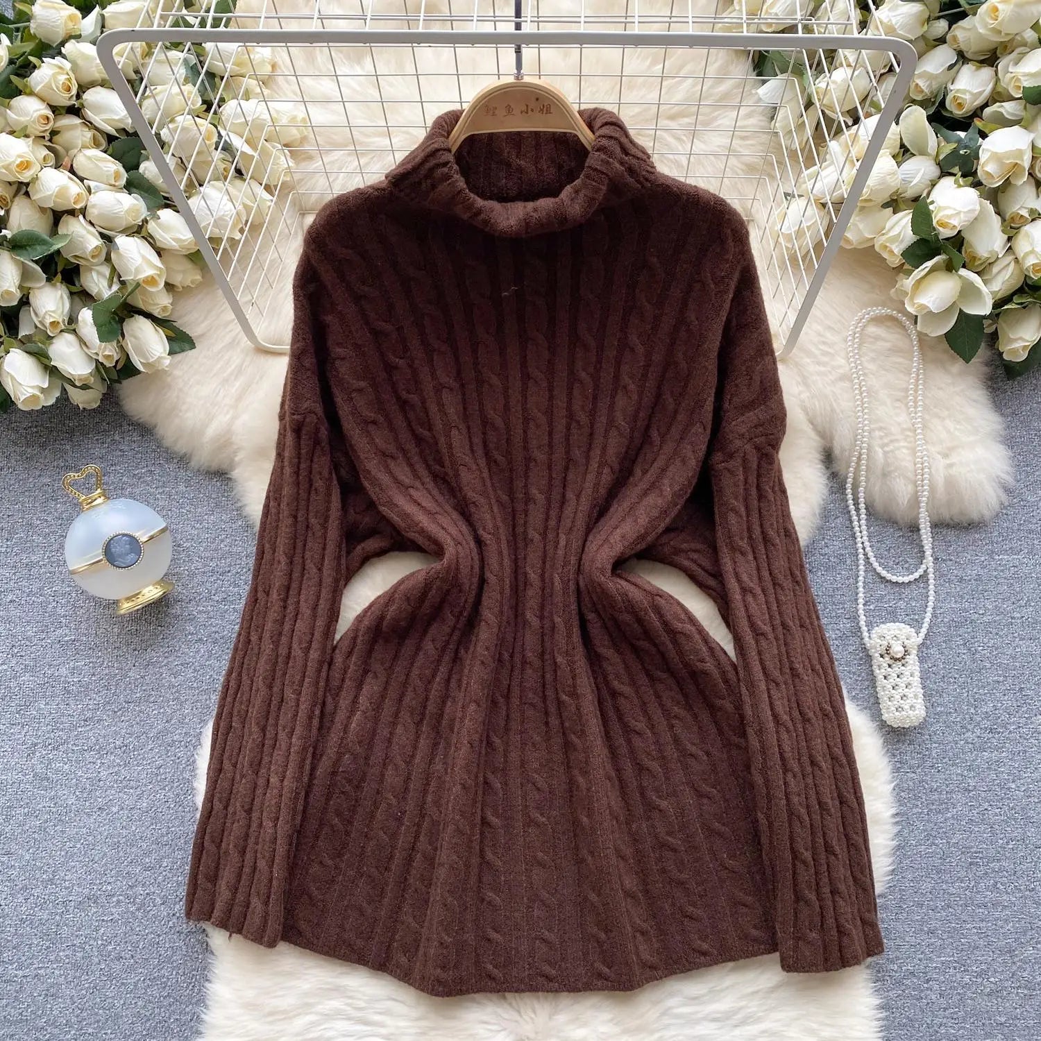 Autumn Winter Women's Solid Elegant High-neck Knitting Sweater Female Loose Thick Warm Long Sleeves Simple Crochet Pullover Tops