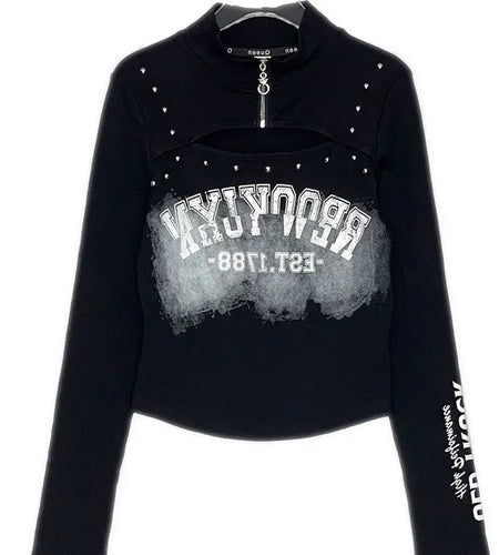 Letter Shirts for Women Half Zipper Hollow Out Sexy Tshirts 2023 Ropa Mujer Rivet Casual Crop Tops Chic Harajuku Y2k T Shirt