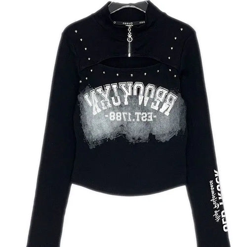 Load image into Gallery viewer, Letter Shirts for Women Half Zipper Hollow Out Sexy Tshirts 2023 Ropa Mujer Rivet Casual Crop Tops Chic Harajuku Y2k T Shirt
