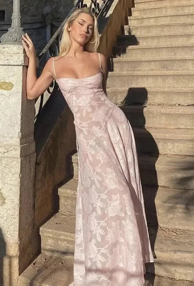 Elegant Pink Party Wedding Dress for Women Spaghetti Strap Flare Hem Maxi Dresses Vacation Birthday Outfits C83-EZ26