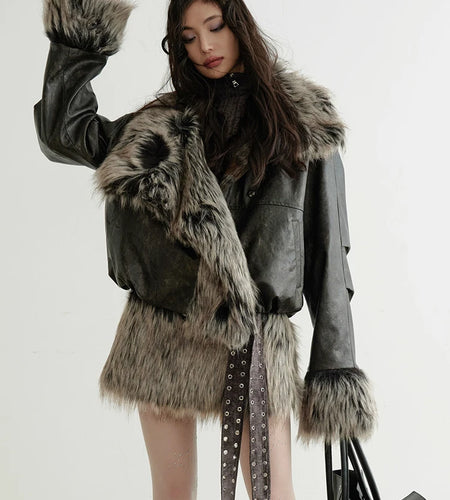 Plaid Both Side Wear Leather Big Size Faux Fur Jacket New Lapel Long Sleeve Women Coat Fashion Autumn Winter 2025 1DH9343