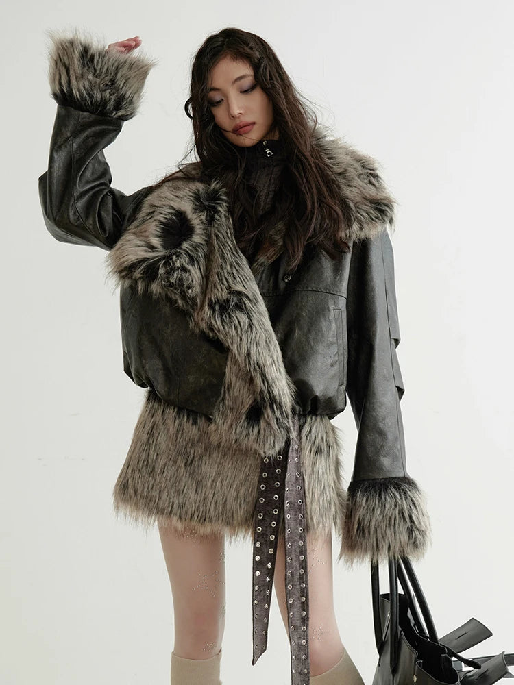 Plaid Both Side Wear Leather Big Size Faux Fur Jacket New Lapel Long Sleeve Women Coat Fashion Autumn Winter 2025 1DH9343