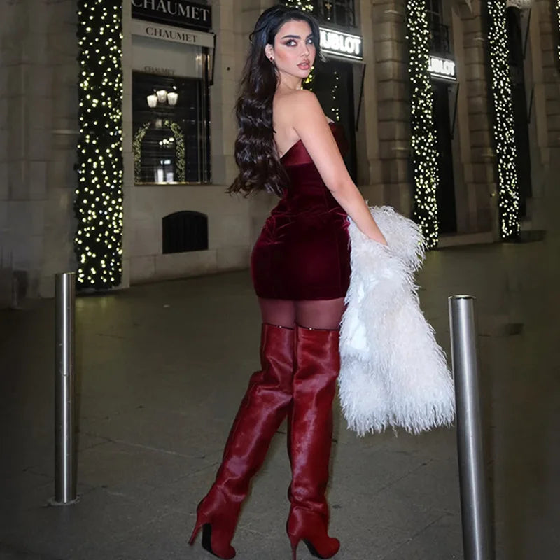 Velvet Off-shoulder Strapless Sexy Mini Dress For Women Robe Fashion Backless Sleeveless Club Party Dress Elegant