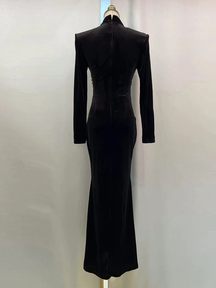 Hit Color Spliced Diamonds Slimming Dresses For Women O Neck Long Sleeve High Waist Temperament Dress Female New