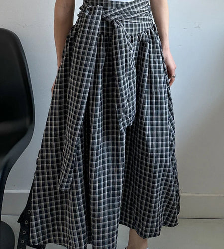 High Waist Black Plaid Bandage Side Zipper A-line Half-body Skirt Women Fashion Tide New Spring Autumn 2025 1DJ1178