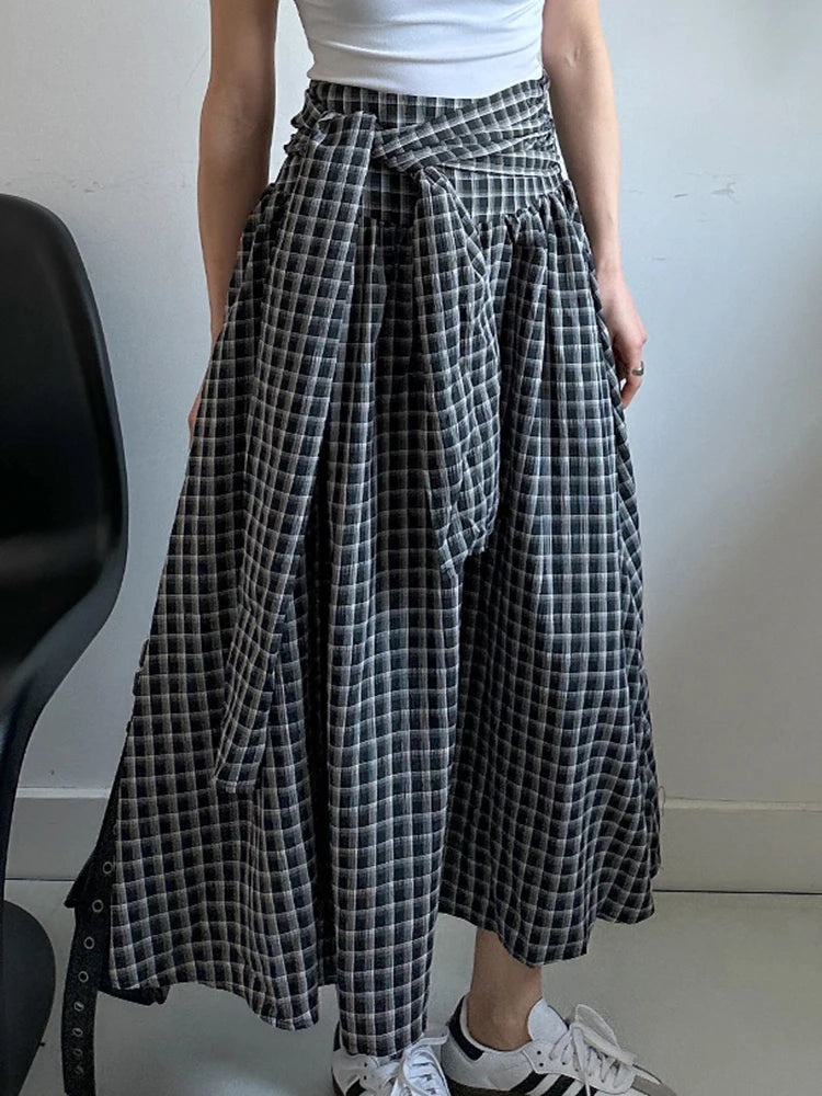 High Waist Black Plaid Bandage Side Zipper A-line Half-body Skirt Women Fashion Tide New Spring Autumn 2025 1DJ1178