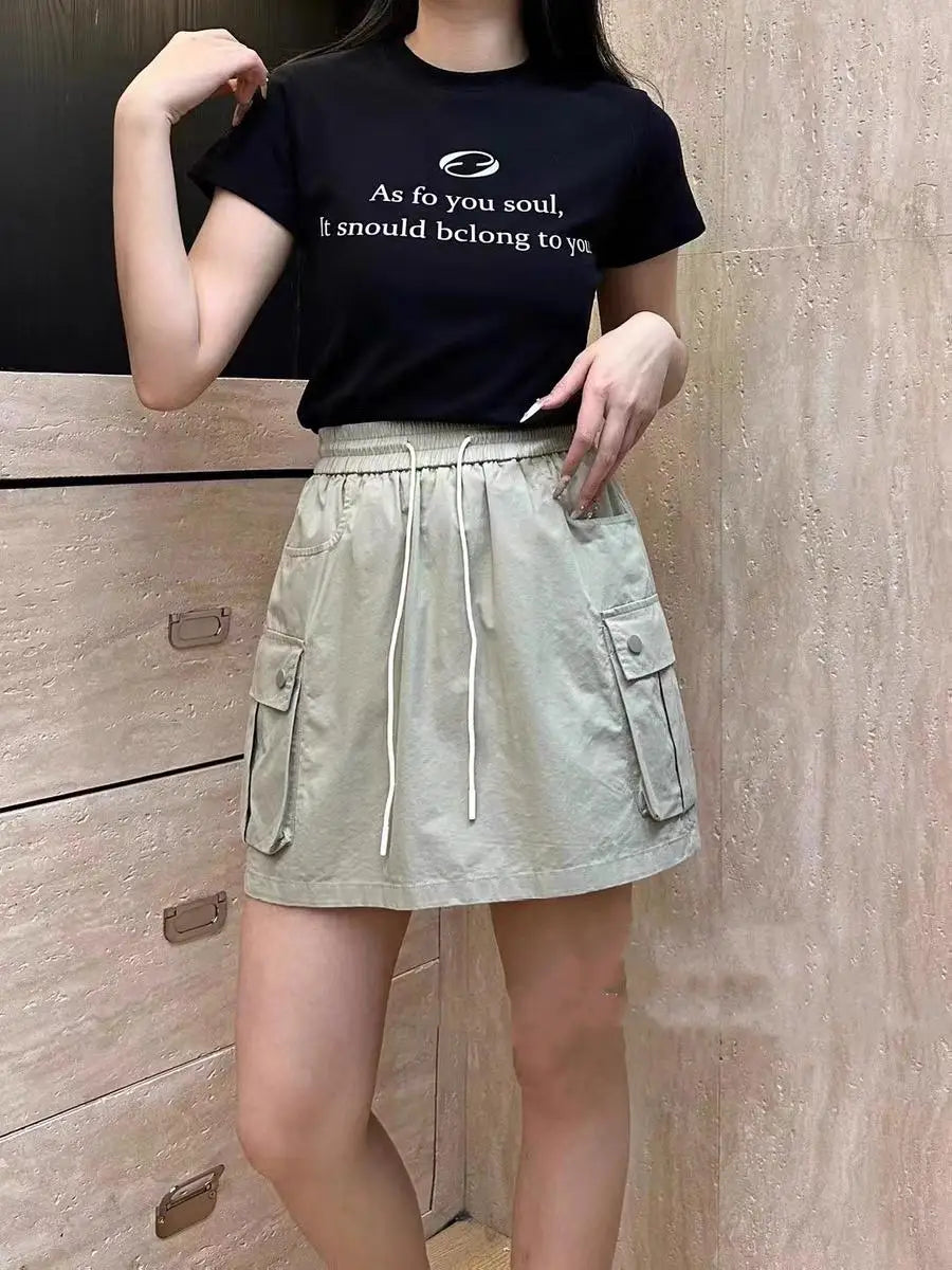 Korean Version Women Solid Drawstring Elastic Waist Lace-up Slim High Waist Work Short Skirt Summer Versatile Pockets Mini Skirt