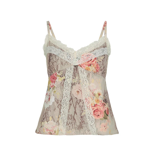 Load image into Gallery viewer, Vintage Floral Snakeskin Printed V-Neck Camis Women Summer Lace Patchwork Mini Tops Holiday Fashion Spaghetti Strap
