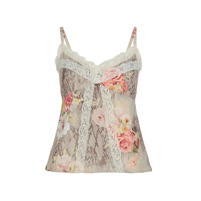 Vintage Floral Snakeskin Printed V-Neck Camis Women Summer Lace Patchwork Mini Tops Holiday Fashion Spaghetti Strap