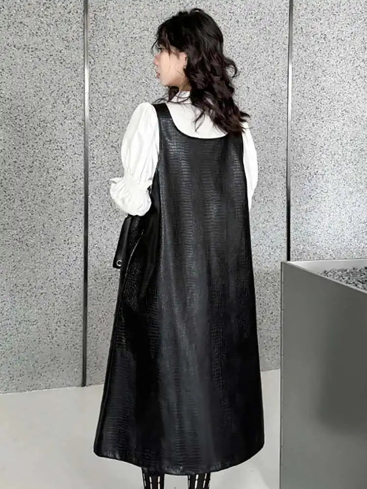 Women Black Big Size PU Leather Zipper Strap Dress New Square Collar Sleeveless Fashion Tide Spring Autumn 2025 1DH4461