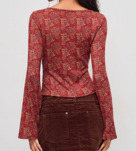 y2k Women T Shirt Stylish Floral Print Knot V Neck Flared Long Sleeve Crop Top Fall Spring Clothing 2000s Streetwear