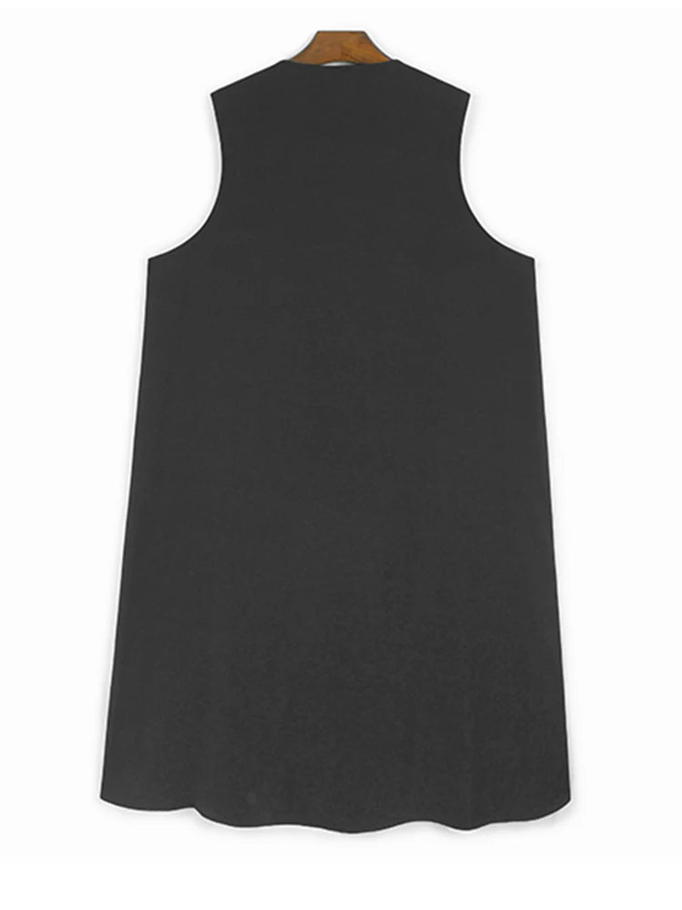 Women Black Zipper Pockets Spliced Big Size Midi Vest Dress New V-Neck Sleeveless Fashion Tide Spring Autumn 2025  1DJ1194