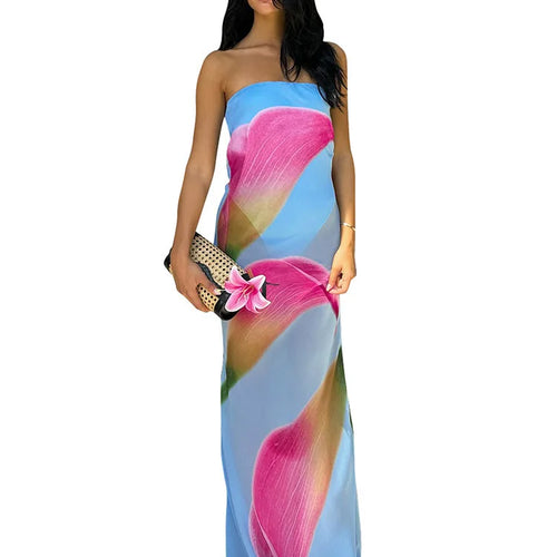 Load image into Gallery viewer, Floral Print Strapless Sexy Maxi Dress For Women Gown Patchwork Off-shoulder Backless Sleeveless Print Long Dress
