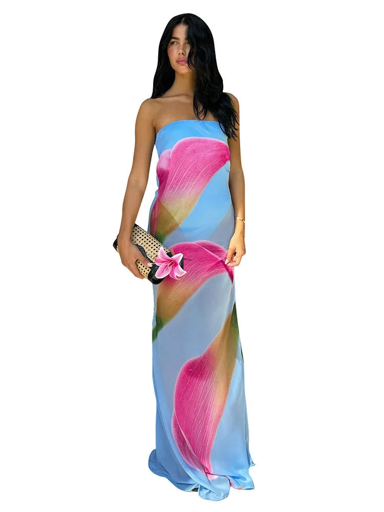 Floral Print Strapless Sexy Maxi Dress For Women Gown Patchwork Off-shoulder Backless Sleeveless Print Long Dress