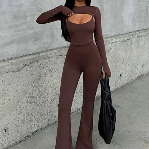 Load image into Gallery viewer, Fashion Stretch Tight Long Sleeve Top Strap Jumpsuit Set For Women Sexy Hollow Out Slim Two Piece Set Winter New2025 Set
