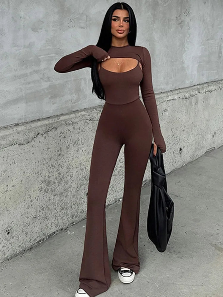Fashion Stretch Tight Long Sleeve Top Strap Jumpsuit Set For Women Sexy Hollow Out Slim Two Piece Set Winter New2025 Set