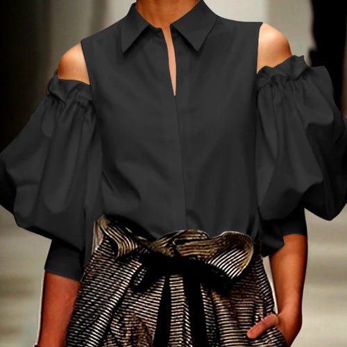 Load image into Gallery viewer, Fall Spring Feamle Tuxedo Shirts Tops 2025 Summer Cold Shoulder Chic Vintage Office Party Leisure Blouses for Women
