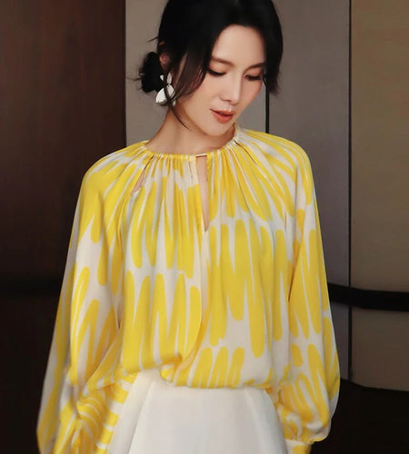 Hit Color Printing Shirt For Women Round Neck Lantern Sleeve Loose Pullover Casual Blouse Female Fashion Clothing