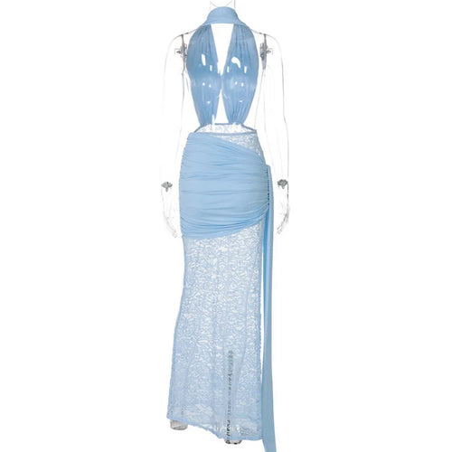 Load image into Gallery viewer, Halter Deep V Neck Sexy Maxi Dress For Women Elegant Fashion Lace Sleeveless Backless Ruched Bodycon Club Long Dress
