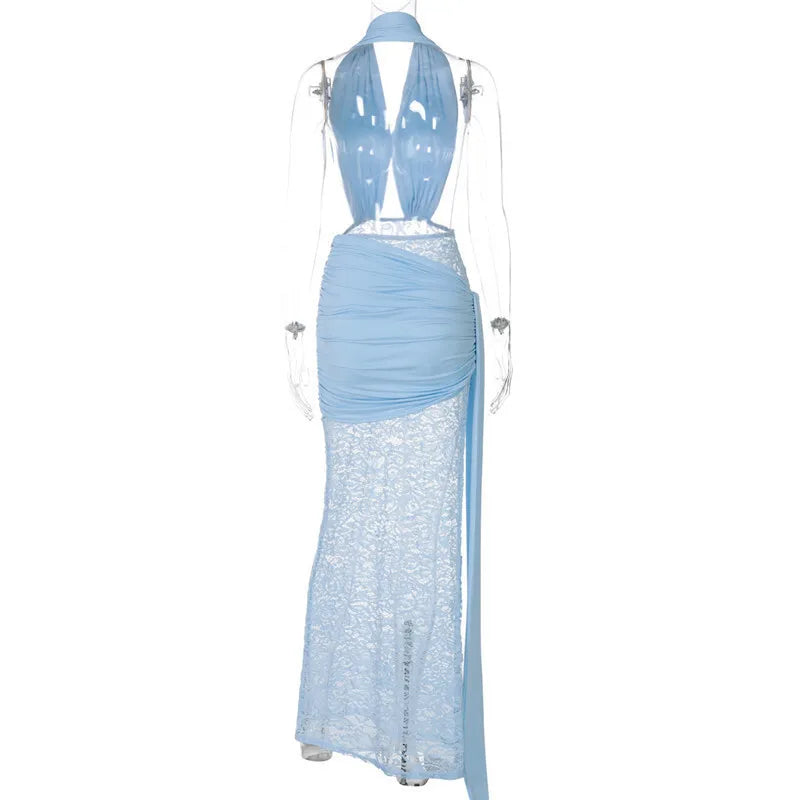 Halter Deep V Neck Sexy Maxi Dress For Women Elegant Fashion Lace Sleeveless Backless Ruched Bodycon Club Long Dress