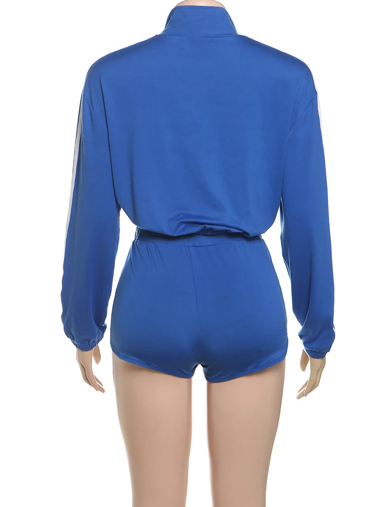 Fashion Casual Sporty 2 Piece Set Women Zipper Cardigan Polo-Neck Jacket+Drawstring Skinny Shorts Daily Slim Tracksuits