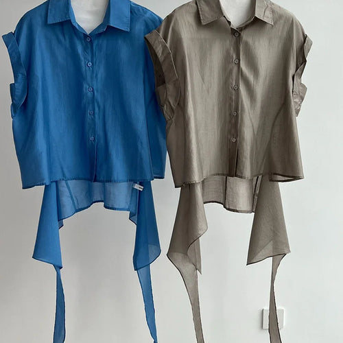 Load image into Gallery viewer, Women Blue Thin Irregular Bandage Big Size Blouse New Lapel Short Sleeve Shirt Fashion Tide Spring Summer 2025 1DJ1709
