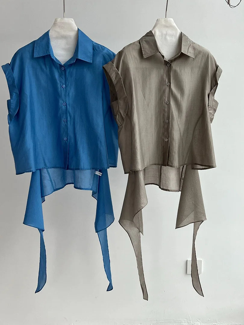 Women Blue Thin Irregular Bandage Big Size Blouse New Lapel Short Sleeve Shirt Fashion Tide Spring Summer 2025 1DJ1709