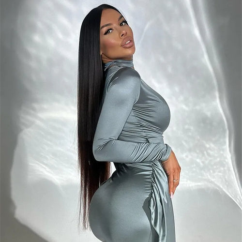 Load image into Gallery viewer, Irregular Sexy Mini Dress For Women Low Cut Long Sleeve Ruched Bodycon Dress Femme Elegant Club Party Sexy Dress New
