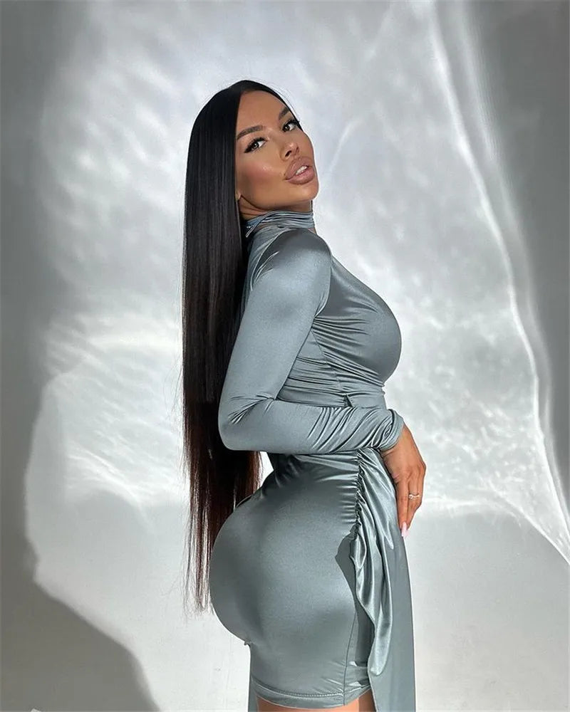 Irregular Sexy Mini Dress For Women Low Cut Long Sleeve Ruched Bodycon Dress Femme Elegant Club Party Sexy Dress New