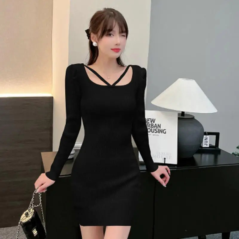 French Fashion Women Black Elegant Festival Hollow Out Knit Dress Autumn White Long Sleeve Slim Wrap Hip Short Dress Ladies Chic