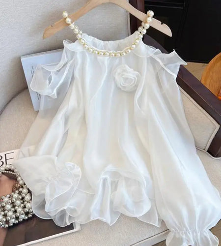 Spring Women White Flower Decorate Versatile Long Sleeve Pearls O Neck Blouse Simple Beige Off Shoulder Ruffles Shirt Clothes