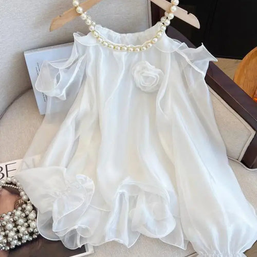 Load image into Gallery viewer, Spring Women White Flower Decorate Versatile Long Sleeve Pearls O Neck Blouse Simple Beige Off Shoulder Ruffles Shirt Clothes
