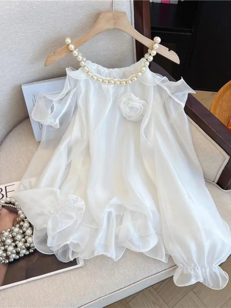 Spring Women White Flower Decorate Versatile Long Sleeve Pearls O Neck Blouse Simple Beige Off Shoulder Ruffles Shirt Clothes