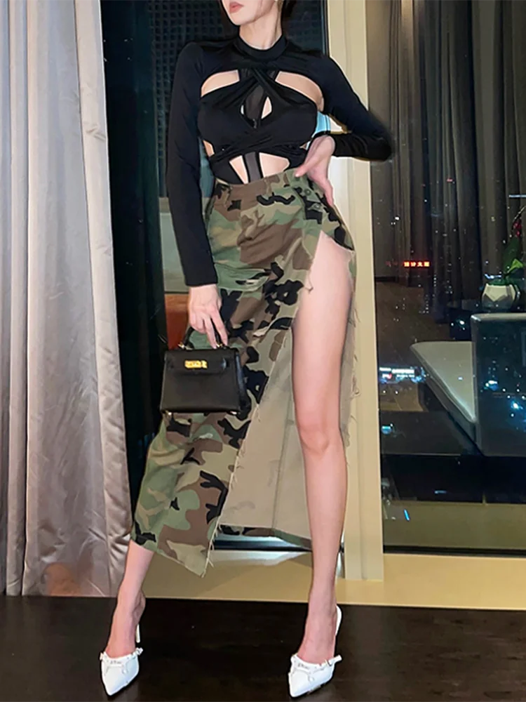 Split Summer Skirts For Women High Waist Camouflage Patchwork Button A Line Skirt Female Fashion Clothing