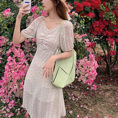 Load image into Gallery viewer, Elegant Pleated V-neck Floral Dress High Waist Chiffon Drawstring Women&#39;s Dresses Vintage Slim Chic Fashion Office Ladies
