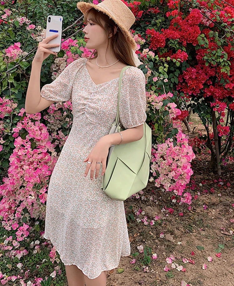 Elegant Pleated V-neck Floral Dress High Waist Chiffon Drawstring Women's Dresses Vintage Slim Chic Fashion Office Ladies