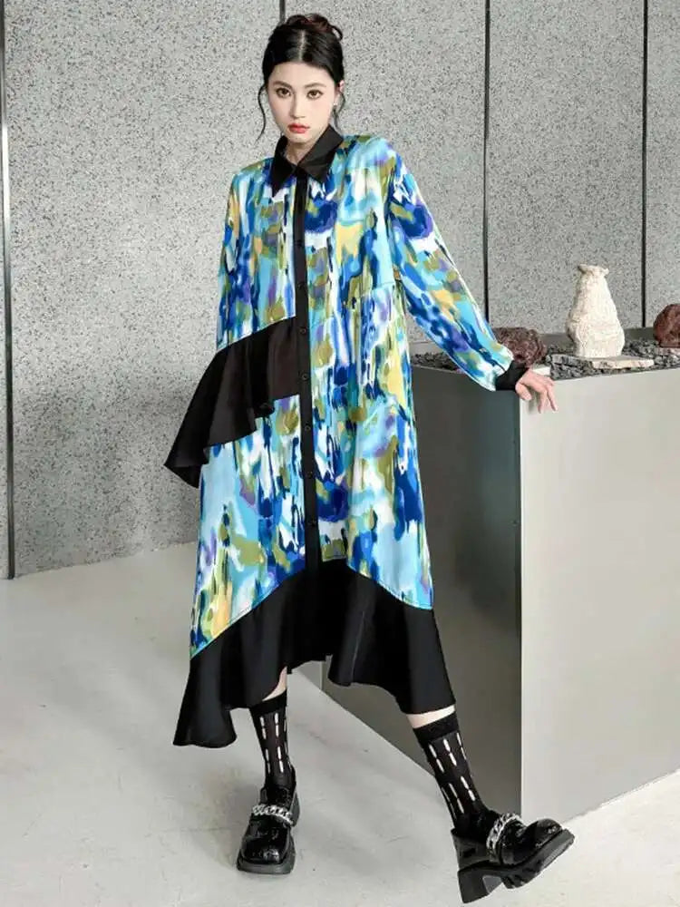 Women Green Pattern Printed Irregular Big Size Shirt Dress New Lapel Long Sleeve Fashion Tide Spring Autumn 2025 1DH4829