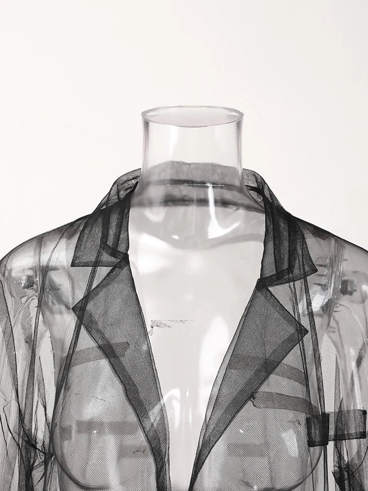 Women Black Mesh Ruffles Perspective Long Blazer New Lapel Long Sleeve Jacket Fashion Tide Spring Summer 2025 CPDB110