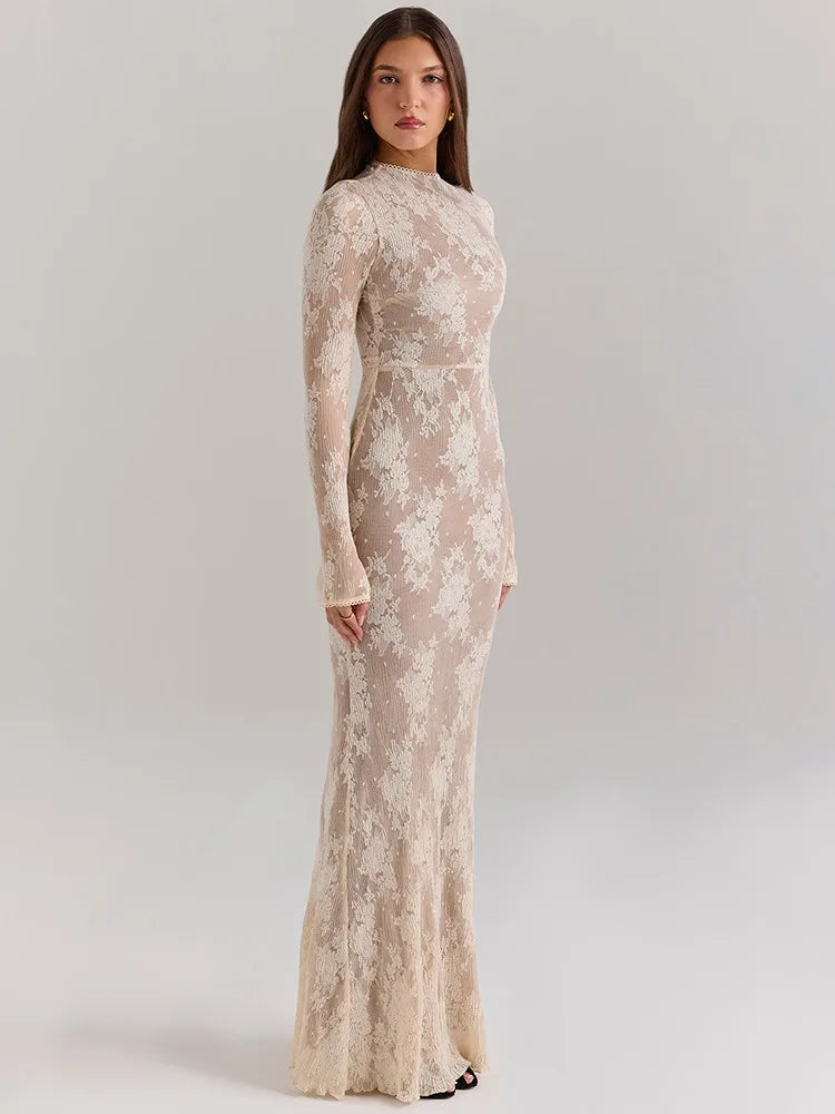 Elegant Lace New Long Sleeve Round Neck Dress Women Sexy Bodycon Tight Vestidos Autumn/Winter Party Club Evening Dress