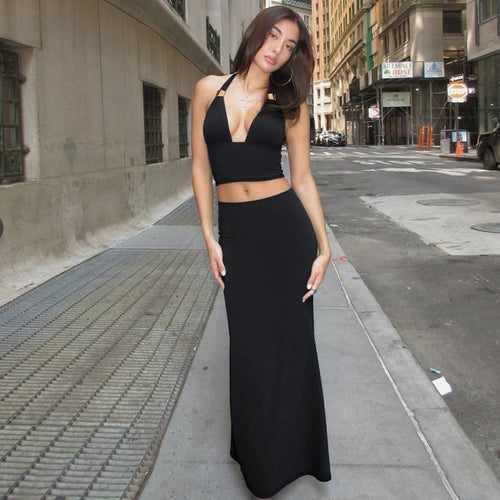 Load image into Gallery viewer, Elegant Summer 2 Piece Sets Women Metal Ring Crop Tops And Maxi Skirt Female Fashion Solid Lace-up Beach Two Piece Sets
