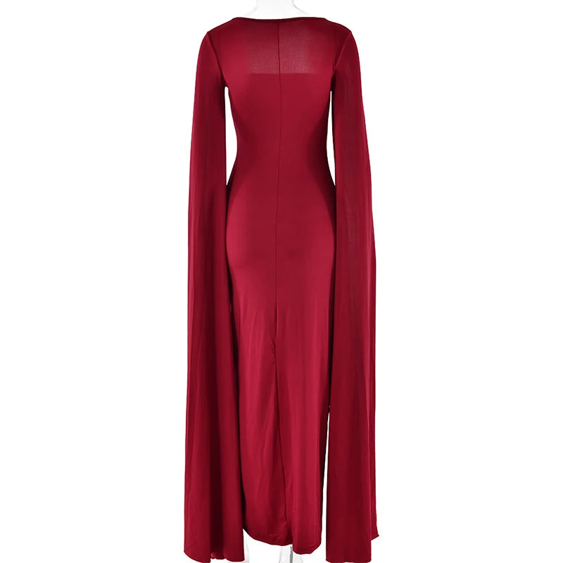 Long Cape Sleeve Split Maxi Dress For Women Gown Fashion Solid Square Collar Evening Sexy Long Dress Elegant New