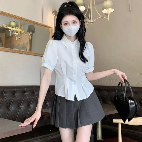 Load image into Gallery viewer, Camisas De Mujer Women Shirt Puff Sleeve Slim Waist Blouses Fashion Summer White Crop Tops Korean Vintage Sweet Blouse
