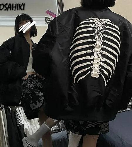 Womens Coats and Jackets Autumn High Street Hip Hop Baseball  Coat Skull Print Loose Jacket Y2K Tops 2025 Grunge