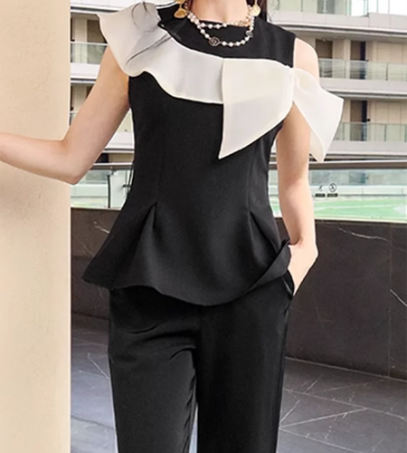 Hit Color Two Piece Set For Women O Neck Sleeveless Tunic Top High Waist Temperament Slim Pant Sets Female Fashion