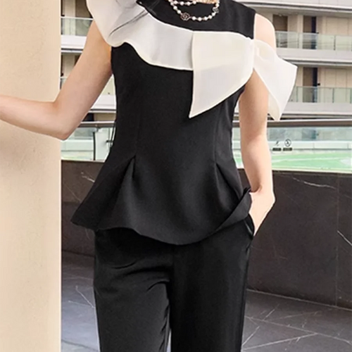 Load image into Gallery viewer, Hit Color Two Piece Set For Women O Neck Sleeveless Tunic Top High Waist Temperament Slim Pant Sets Female Fashion
