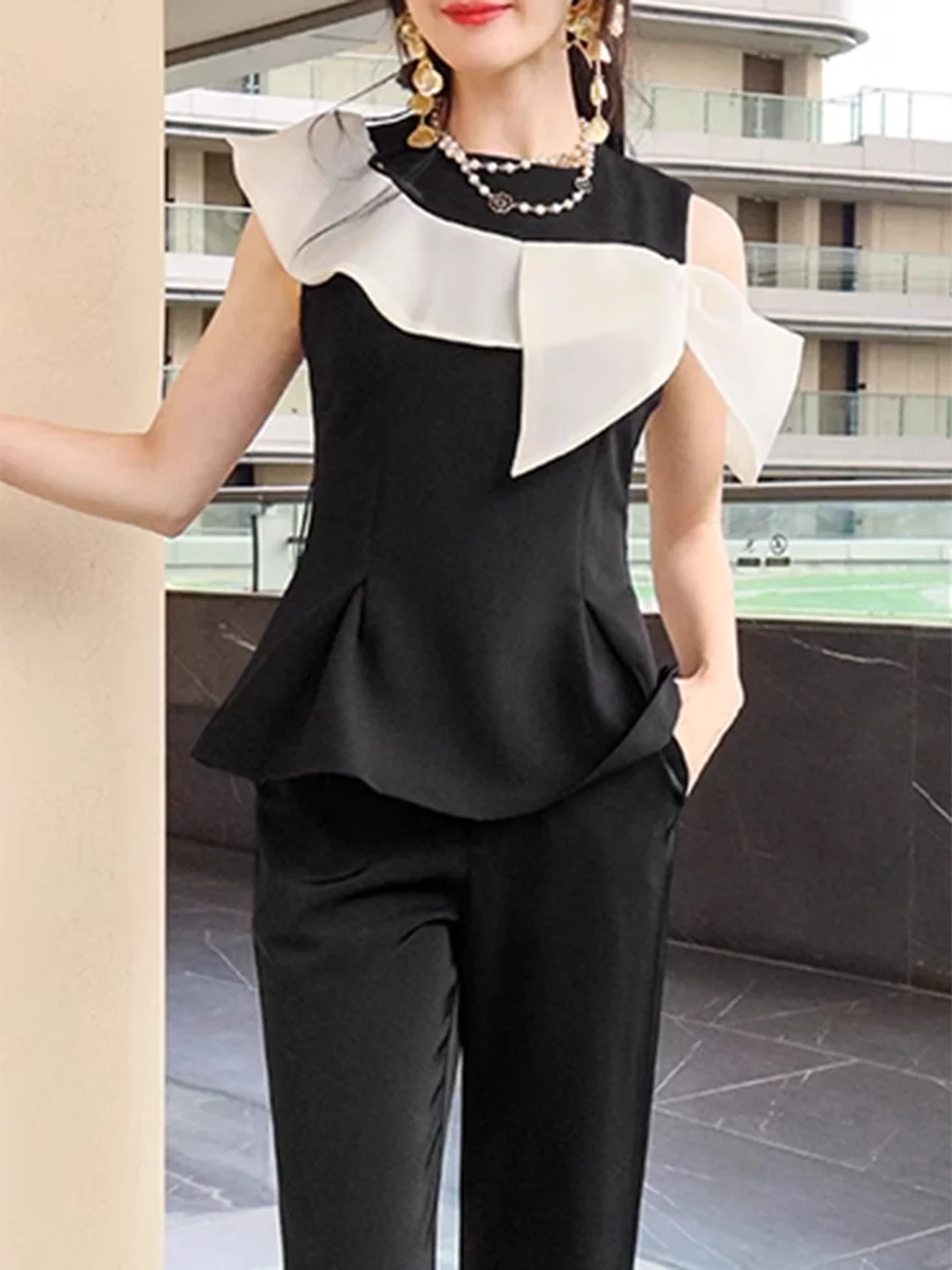 Hit Color Two Piece Set For Women O Neck Sleeveless Tunic Top High Waist Temperament Slim Pant Sets Female Fashion