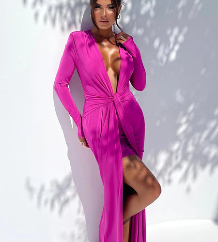Deep V Neck Long Sleeve Split Maxi Dress Women Elegant Clubwear 2023 Autumn New Bodycon Ruched Sexy Long Dress