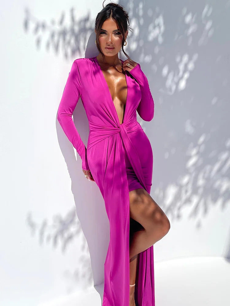 Deep V Neck Long Sleeve Split Maxi Dress Women Elegant Clubwear 2023 Autumn New Bodycon Ruched Sexy Long Dress