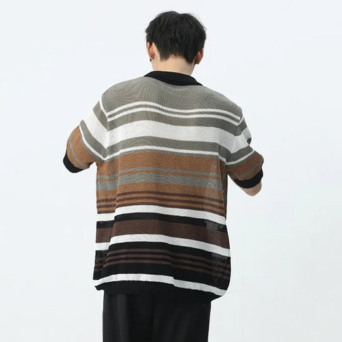 Load image into Gallery viewer, T-shirt Stripe Knitted Contrast Color Short Sleeve Male Clothing Casual Lapel Single Breasted Pullover Men&#39;s Top 9C5379
