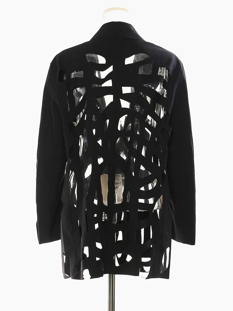 Women Black Hollow Out Burr Irregular Blazer New Lapel Long Sleeve Loose Fit Jacket Fashion Spring Autumn 2025 17A6685